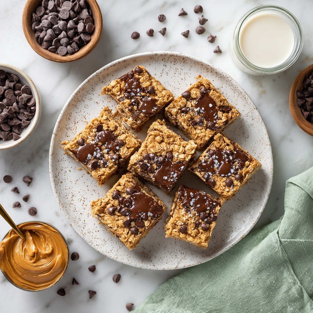 Six square oatmeal chocolate chip bars with a golden-brown textured top layer covered in scattered melted dark chocolate chips and sprinkled with a light dusting of sea salt sit on a white speckled plate at the center. The thick middle layer is a soft oat mixture with visible oats and chocolate mixed in, showing some melted chocolate inside the bars. Surrounding the plate are scattered chocolate chips, a bowl of smooth peanut butter with a golden spoon, a bowl filled with dark chocolate chips, and a clear glass of milk, all placed on a white marbled surface. A folded light green cloth is placed nearby. Photo taken with an iphone --ar 4:5 --v 7