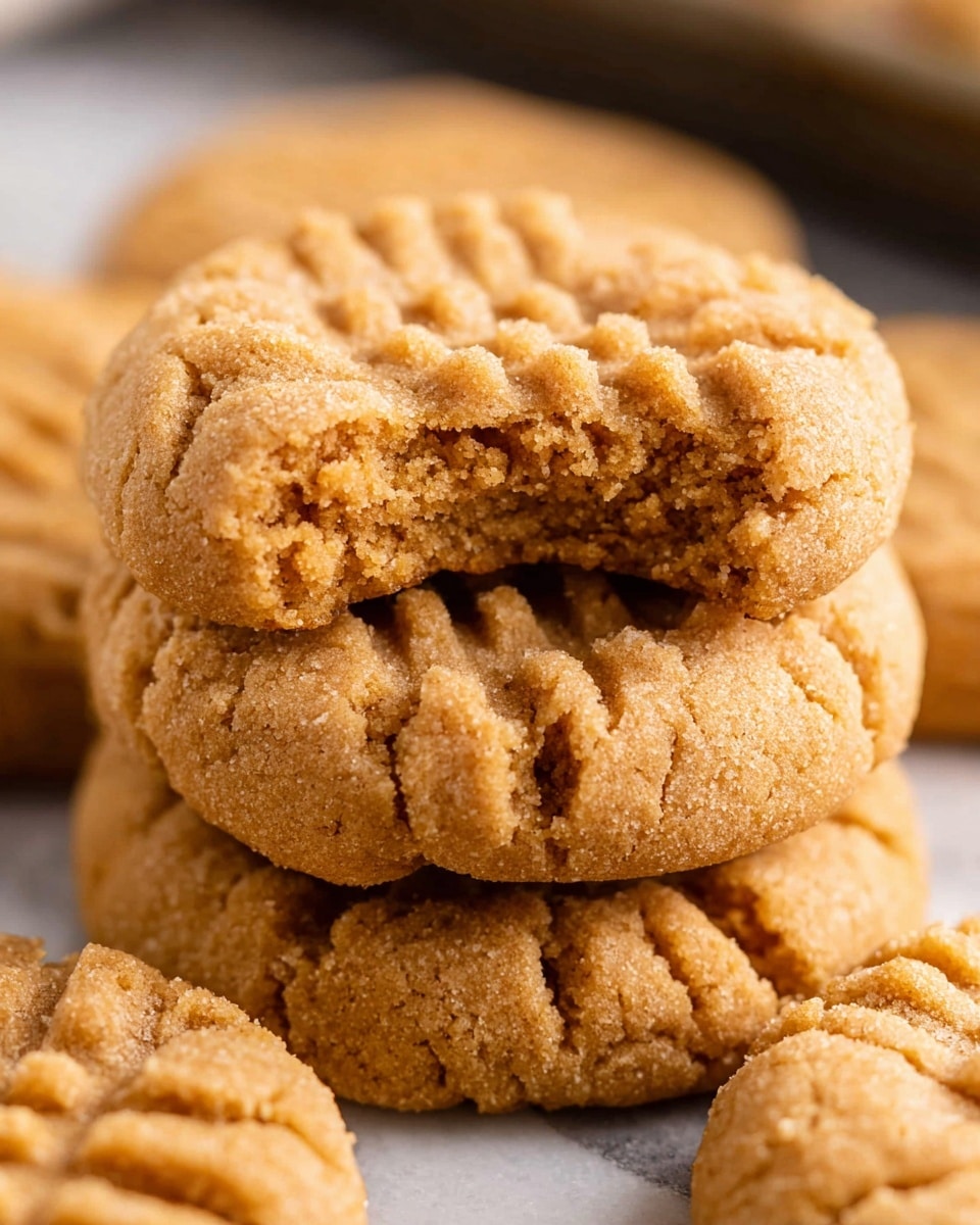 A close-up view of a stack of three light brown peanut butter cookies with a crumbly, soft texture. The top cookie has a fork-pressed pattern of horizontal lines and a bite taken out from the edge, showing a slightly grainy inside. The middle and bottom cookies also show fork marks mainly at their edges and have rounded, cracked shapes. The cookies are placed on a pile of similar-looking cookies below them, all set against a white marbled surface in the background. photo taken with an iphone --ar 4:5 --v 7