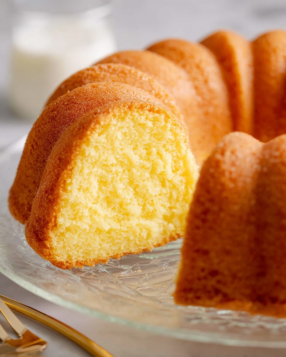 A close-up view of a golden brown bundt cake with a smooth, slightly textured crust and a soft, light yellow crumb inside, showing a single thick slice cut out from the ring-shaped cake. The cake is placed on a clear glass plate that rests on a white marbled texture. In the blurred background, part of a white beverage and metal forks are visible, adding a subtle touch to the scene. Photo taken with an iphone --ar 4:5 --v 7