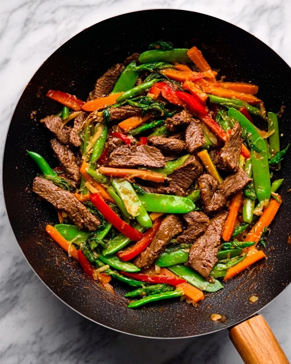 A white plate on a white marbled surface holds a colorful stir-fry dish with three main layers. The bottom layer consists of plain white rice spread evenly across the plate. On top of the rice, there is a mix of bright vegetables including yellow and red bell peppers sliced into strips, green broccoli florets, and pieces of green snow peas. The top layer features tender-looking slices of brown cooked beef scattered over the vegetables. The dish appears glossy, indicating a light sauce coating. Photo taken with an iphone --ar 4:5 --v 7