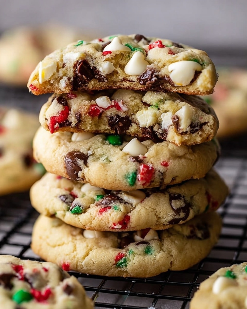 A stack of five thick, soft cookies sits on a black grid, each cookie light golden-brown with rough edges and packed with colorful details. The base cookie shows small chunks of dark brown chocolate chips, white chocolate chunks, and tiny red and green candy pieces mixed inside the dough. On top, a bitten half cookie reveals gooey melted chocolate inside and a crumbly light interior. The white chocolate chips are plump and glossy, the dark chocolate chips are smooth and shiny, and the red and green candies add bright spots of color all over. The cookies are thick and slightly curved at the edges, dry-looking outside but soft inside. The background is a white marbled texture. photo taken with an iphone --ar 4:5 --v 7