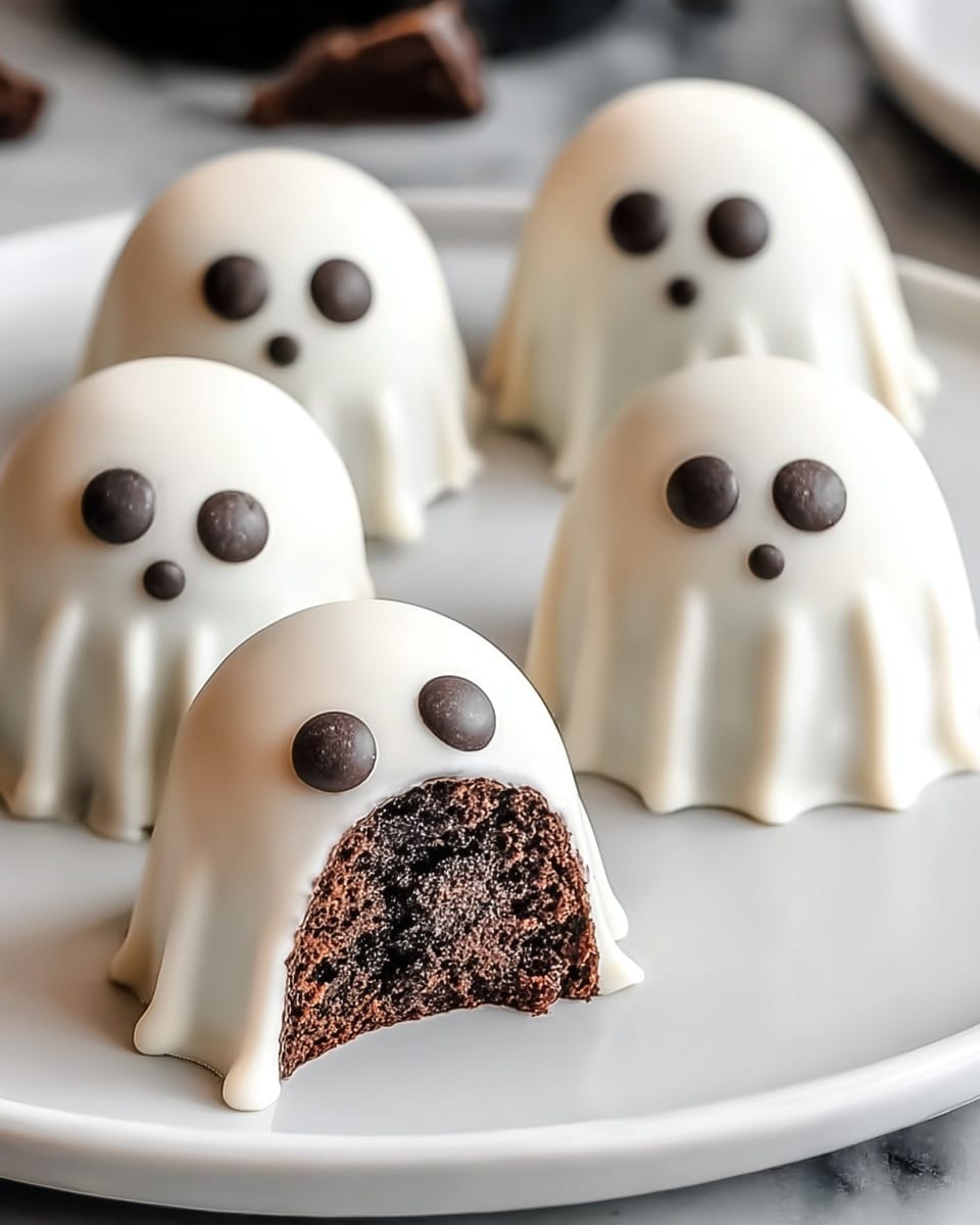 A white round plate holds five ghost-shaped treats, each with a smooth white chocolate coating forming the ghost body and draping slightly at the bottom edges. Each ghost has two round dark chocolate eyes placed near the top center, creating a cute face. The ghost in the foreground is bitten into, revealing a crumbly dark chocolate cake-like interior with a rough texture. The other four ghosts stand whole in the background, highlighting the creamy smooth outer layer and dark chocolate eye contrast. The plate sits on a white marbled surface. photo taken with an iphone --ar 4:5 --v 7