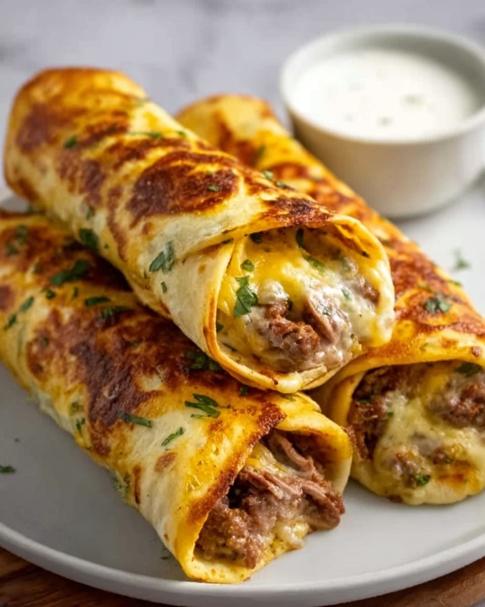 A close-up view of four rolled, golden-brown tortillas stacked on each other on a wooden board, with a crispy outer texture showing dark grilled spots. Inside each roll, there is a visible layer of shredded, tender brown meat mixed with melted white cheese that oozes slightly out of the ends, garnished with small green parsley pieces scattered on the rolls and board. In the background, a white bowl with a dark red sauce is softly blurred. The setting features a white marbled surface. photo taken with an iphone --ar 4:5 --v 7