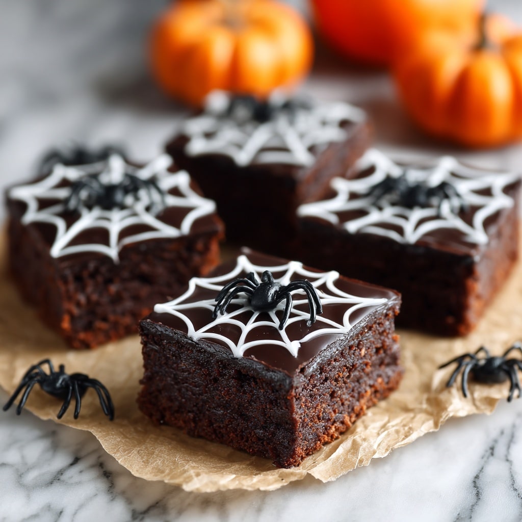 The image shows four square chocolate brownies arranged on a piece of brown parchment paper on a white marbled surface. Each brownie has two visible layers: a thick dark brown soft cake base and a top layer of glossy dark chocolate topped with white icing in the shape of a spider web. A small black plastic spider sits in the middle of each spider web decoration. In the blurred background, there are small black plastic spiders and two small orange pumpkins, adding to the Halloween theme. Photo taken with an iphone --ar 4:5 --v 7