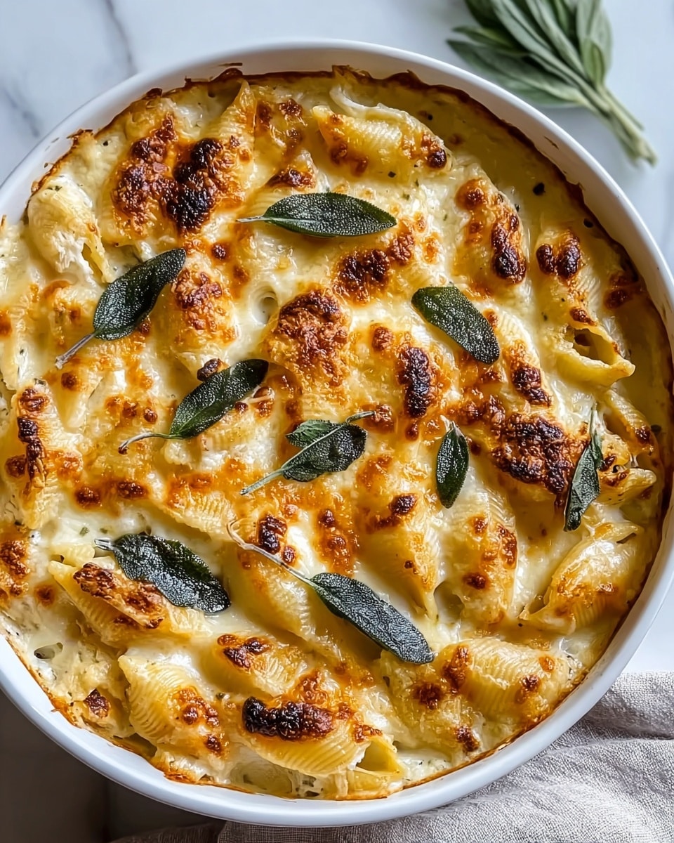A white round dish holds a baked pasta with large shell pasta covered in a golden, bubbly cheese layer that has slightly browned spots on top. Fresh green sage leaves are scattered evenly across the surface, adding a fresh contrast to the creamy white sauce mixed in between the pasta shells. The edges of the shells are slightly crisped from baking, showing a textured, soft pasta beneath. The dish is placed on a white marbled surface with some fabric visible around it. photo taken with an iphone --ar 4:5 --v 7