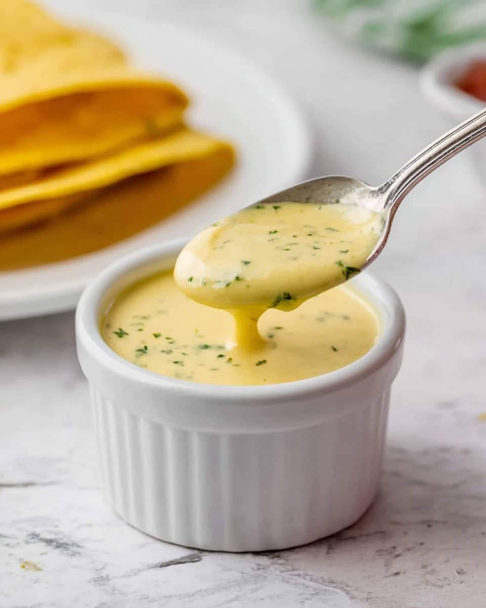 A white ridged ramekin filled with smooth, creamy light yellow sauce speckled with small green herbs, with a metal spoon lifting some sauce, showing its thick texture; in the background, there is a white plate with two folded golden-yellow crepes resting on a white marbled surface. photo taken with an iphone --ar 4:5 --v 7
