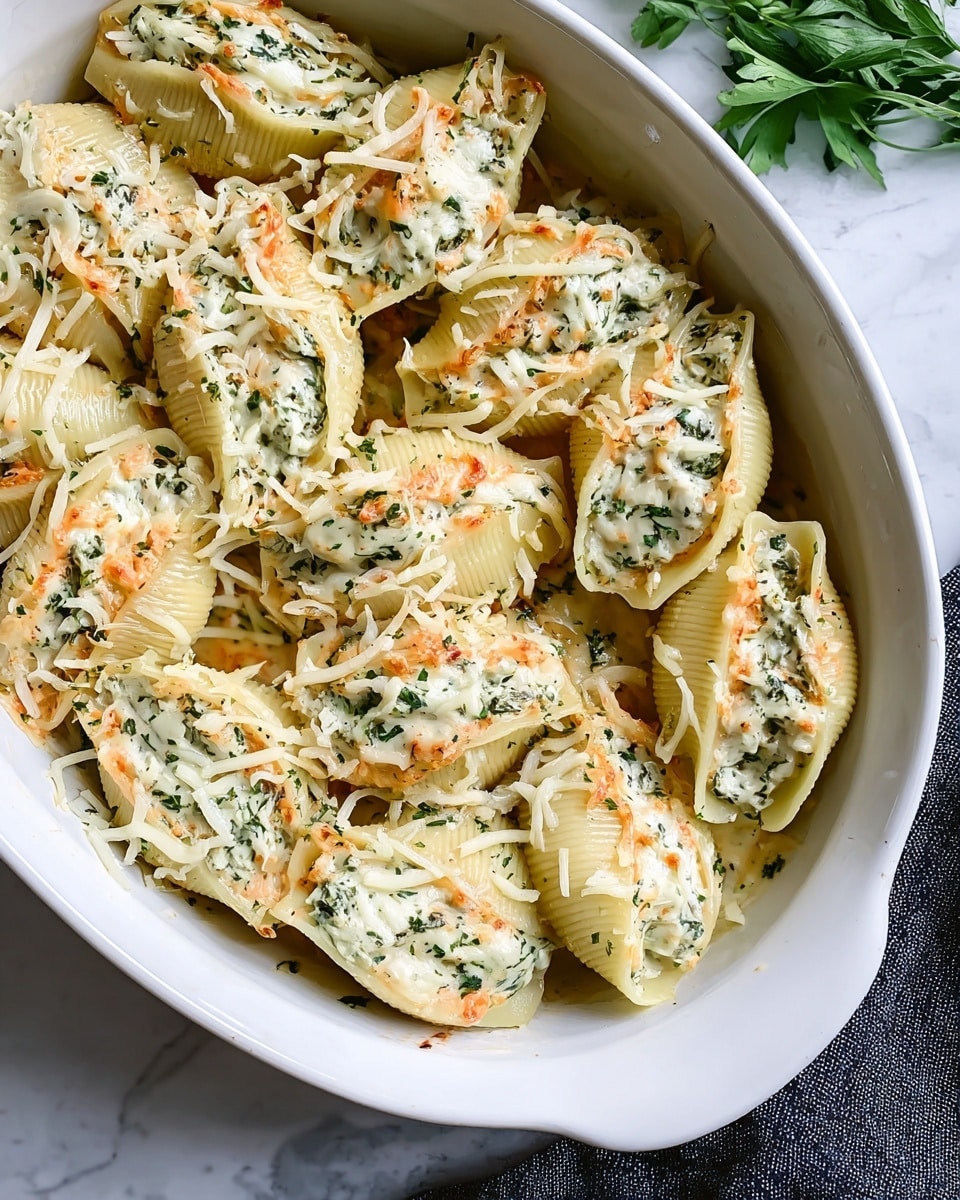 A white oval dish holds a layer of large pasta shells filled with a creamy mixture that includes orange bits, green herbs, and white cheese. The shells are placed close together, almost touching, and each is topped with melted shredded cheese that looks slightly golden and soft. The texture of the filling is creamy with small chunks, and the herbs add a speckled green color throughout. The dish sits on a white marbled surface, with a dark cloth and some green leaves visible in the top right corner. Photo taken with an iphone --ar 4:5 --v 7
