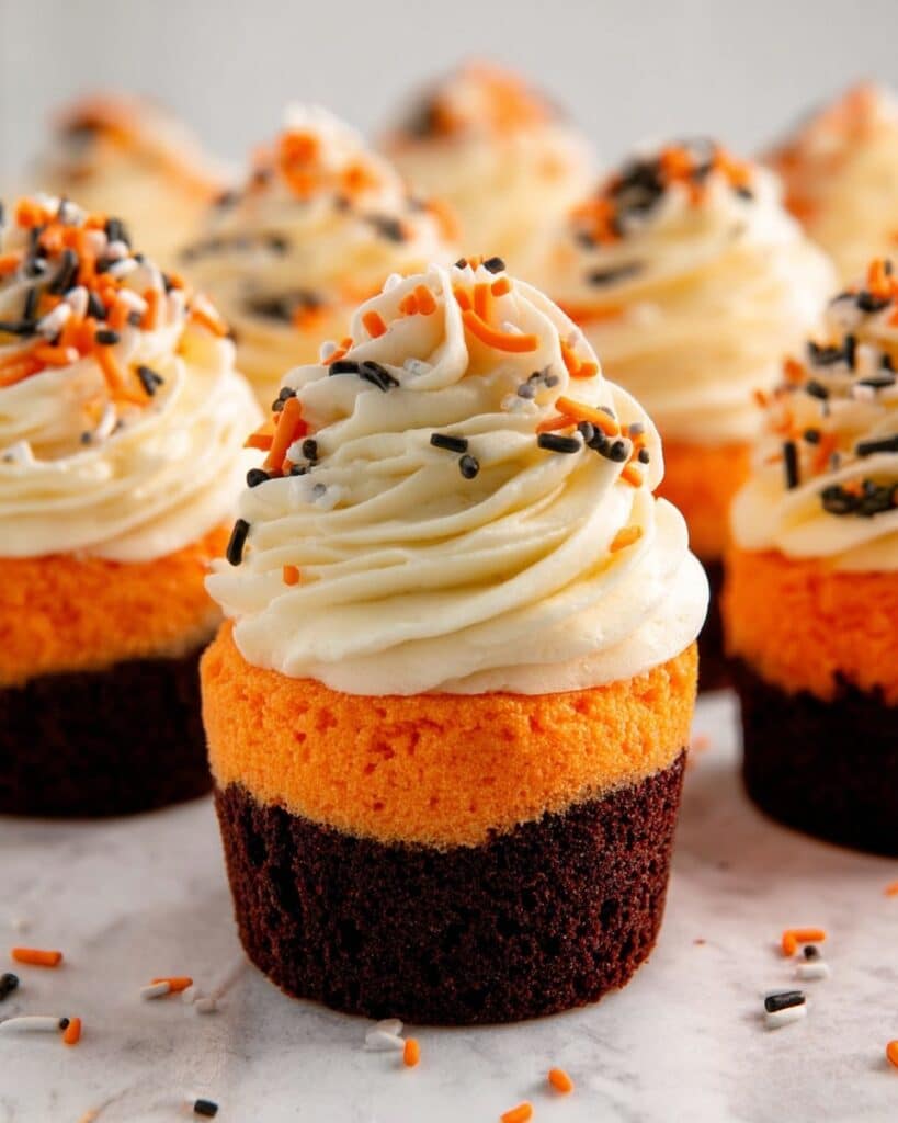 Brownie Cupcakes with Orange Cake Batter and Halloween Sprinkles Recipe