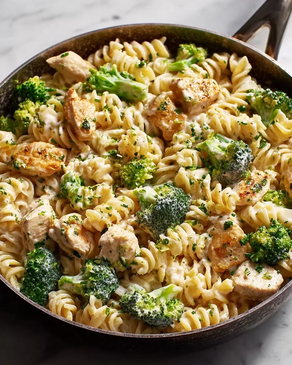 A close-up view of a pan filled with rotini pasta mixed with cooked chicken pieces and bright green broccoli florets. The dish shows creamy white sauce lightly coating the pasta and chicken, with flecks of chopped green herbs sprinkled on top, adding texture and color contrast. The chicken pieces have a light golden-brown sear on the edges, and the pasta spirals are firm, with the broccoli adding a fresh, vibrant green throughout. The pan sits on a white marbled surface, with soft natural light highlighting the textures and colors of the food. photo taken with an iphone --ar 4:5 --v 7