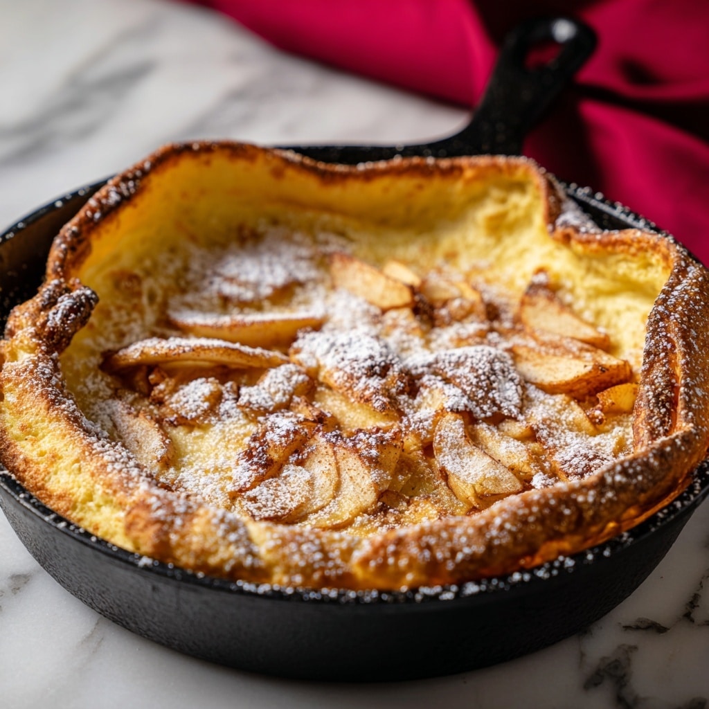 A small black cast iron skillet holds a single layer of partially cooked golden-yellow batter with a smooth, creamy texture. On top, thin apple slices are arranged in an overlapping pattern, covered with a dusting of light brown cinnamon sugar and a drizzle of syrup that glistens. The edges of the apples have slight browning, and the skillet is set on a black trivet against a white marbled texture. photo taken with an iphone --ar 4:5 --v 7