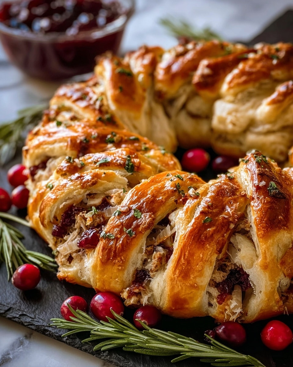 A golden brown braided pastry wreath sits on a dark slate with fresh green rosemary and bright red cranberries around the base. The pastry has a shiny, flaky crust with small green herb sprinkles on top. Inside the braided layers, there is a filling made of light beige shredded meat mixed with dark red cranberry sauce, creating a contrast of colors and textures. In the background, a glass bowl filled with dark red cranberry sauce sits slightly blurred. The photo is taken on a white marbled surface. photo taken with an iphone --ar 4:5 --v 7