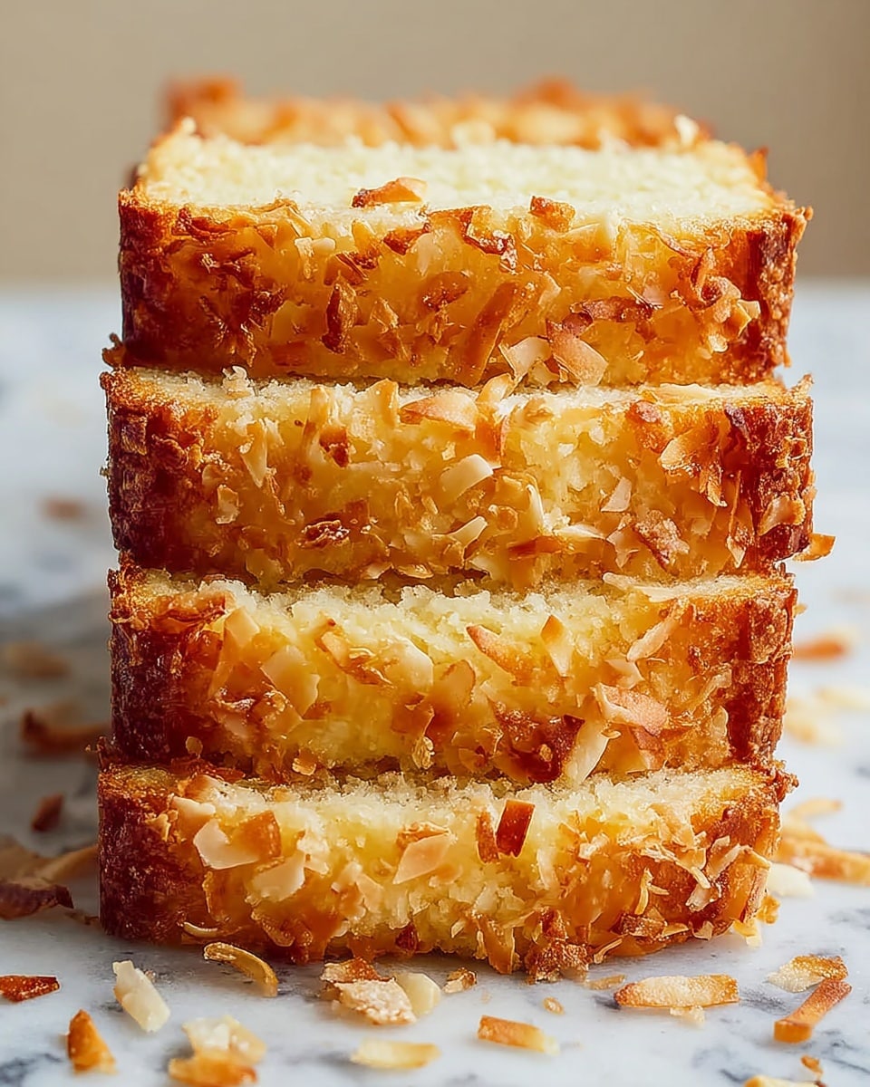 A stack of four thick square slices of golden brown coconut cake stands upright on a white marbled surface. Each slice shows a crispy, toasted outer layer with a slightly rough texture and toasted coconut flakes on top, while the inside is moist, dense, and light yellow with shredded coconut visible throughout. The edges are darker and crispy, contrasting with the softer, tender middle layers. Some toasted coconut flakes are scattered around the base on the white marbled surface. photo taken with an iphone --ar 4:5 --v 7