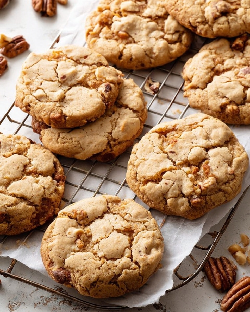 The image shows several round cookies with a cracked, golden brown surface resting on a metal cooling rack lined with parchment paper. The cookies look soft and chunky, with visible pieces of nuts or toffee embedded in them, giving a slightly uneven texture. The cooling rack is placed on a wooden surface with scattered pecans and small nut pieces visible near the bottom right. The cookies are arranged casually, some overlapping slightly, giving a fresh from-the-oven look. The photo is taken with an iphone --ar 4:5 --v 7