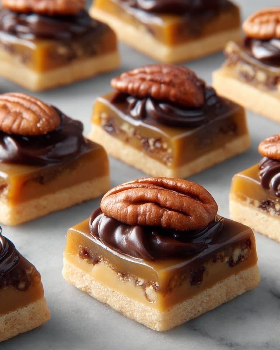 The image shows small square cookies with three main layers on a white marbled surface; the bottom layer is a pale, slightly golden cookie base that looks crisp and smooth, the middle layer is a light brown caramel with a glossy, sticky texture spread evenly, and the top layer consists of a thick dark brown chocolate swirl topped with a whole pecan nut that is rough and ridged, creating a contrast in texture and color. The cookies are arranged in a loose grid pattern, with soft natural lighting highlighting the glossy caramel and chocolate. photo taken with an iphone --ar 4:5 --v 7