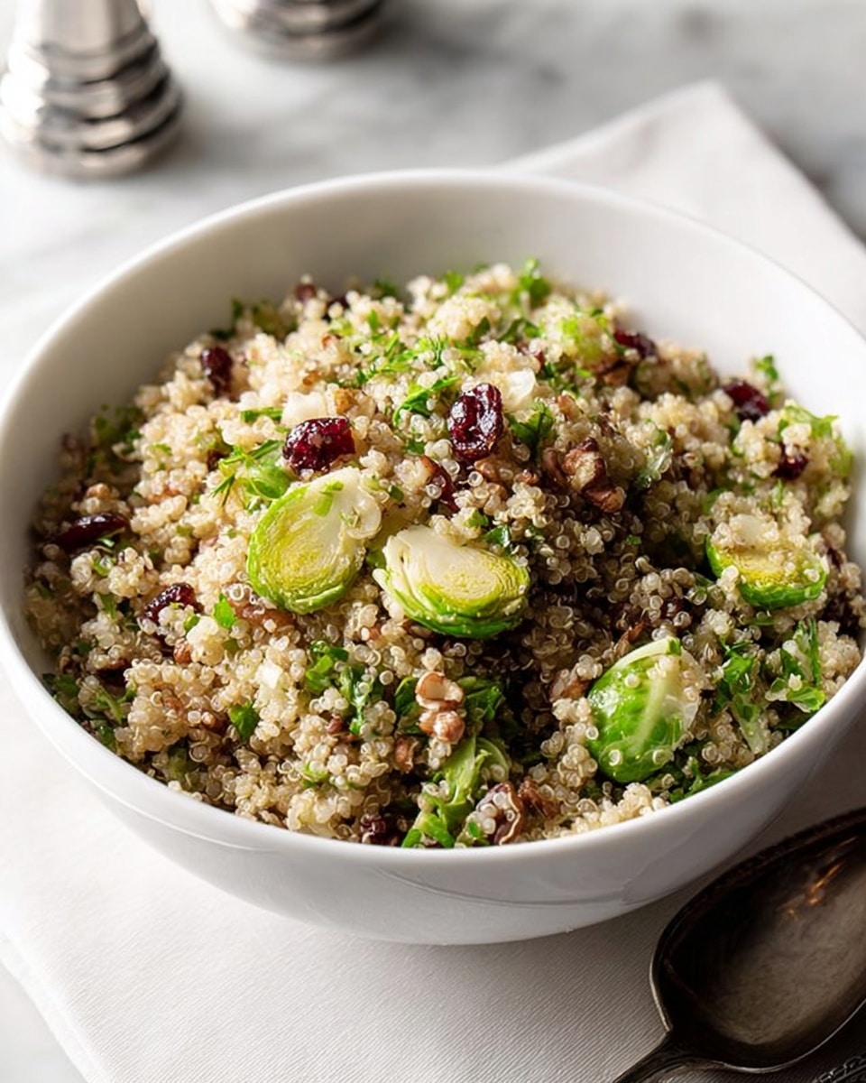 A white bowl filled with a quinoa salad showing clear layers: the base is tiny, light beige quinoa grains with a soft, slightly fluffy texture; mixed throughout are bright green Brussels sprout leaves, some whole and some chopped, adding a crisp look; scattered among them are small pieces of brown nuts and dark red dried cranberries that add color contrast and texture. The bowl sits on a white marbled surface, with a silver spoon placed next to it and a blurred salt shaker in the background. Photo taken with an iphone --ar 4:5 --v 7