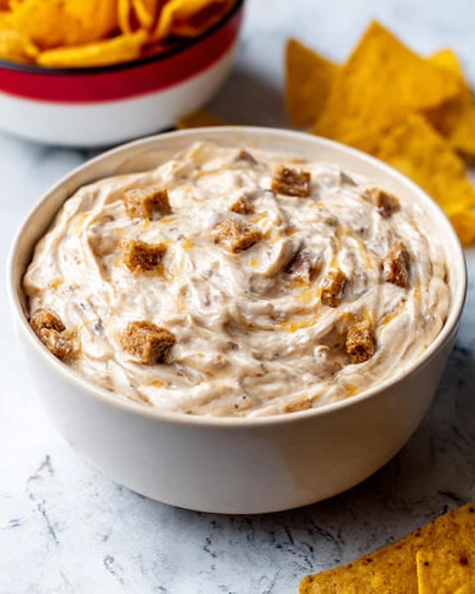 The image shows a white bowl filled with a creamy, swirled dip that has small chunks of light brown toasted bread or crackers mixed inside. The creamy dip is thick and smooth with a slightly uneven texture from the mix-ins. The bowl is placed on a white marbled surface, and in the background, there is a white bowl with red on the outside, holding yellow tortilla chips. Some yellow tortilla chips are also partially visible in the bottom right corner of the image. Photo taken with an iphone --ar 4:5 --v 7
