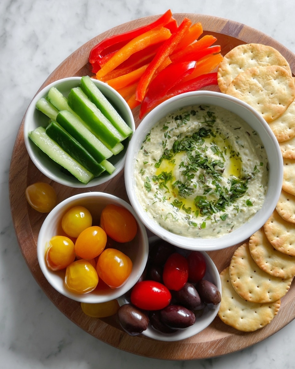 A white bowl filled with creamy light green dip garnished with chopped green herbs and a drizzle of olive oil. A round cracker is dipped into the dip, held by a woman’s hand with beige nail polish. Surrounding the bowl are many round, golden-brown crackers placed on a white marbled surface. Nearby, there are three white bowls filled with sliced orange bell peppers, green cucumber sticks, and mixed cherry tomatoes in red, yellow, and dark red colors. photo taken with an iphone --ar 4:5 --v 7