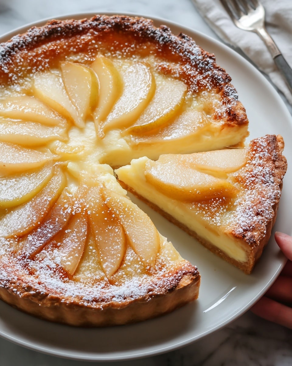 A close-up view of a creamy pear tart with a golden brown crust on a white plate, featuring a thick, smooth custard layer beneath tender, thinly sliced pears arranged in a fan pattern on top; the crust edges are slightly crumbly and browned, with a light dusting of powdered sugar adding a soft white contrast. The pear slices show a light caramelized color on the edges, and the tart filling looks silky and rich, with a missing slice revealing the smooth interior. The plate sits on a white marbled surface, with a silver fork partially visible on the right side. photo taken with an iphone --ar 4:5 --v 7