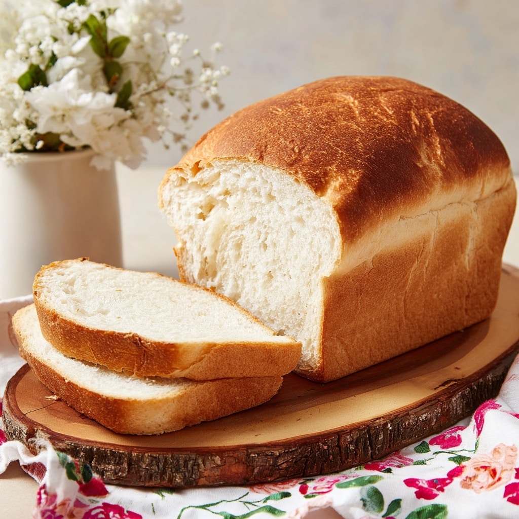The image shows a golden brown loaf of bread with a thick crust and a soft, fluffy top layer full of cracks and waves, sitting on a piece of crumpled brown parchment paper. The loaf has a rectangular shape with a slightly domed, rough textured top that is lighter in color where it rises. The bread rests on a white marbled surface, with a floral cloth partially visible underneath the parchment. In the background, there is a blurred wooden wall and a basket with white flowers and green leaves. photo taken with an iphone --ar 4:5 --v 7