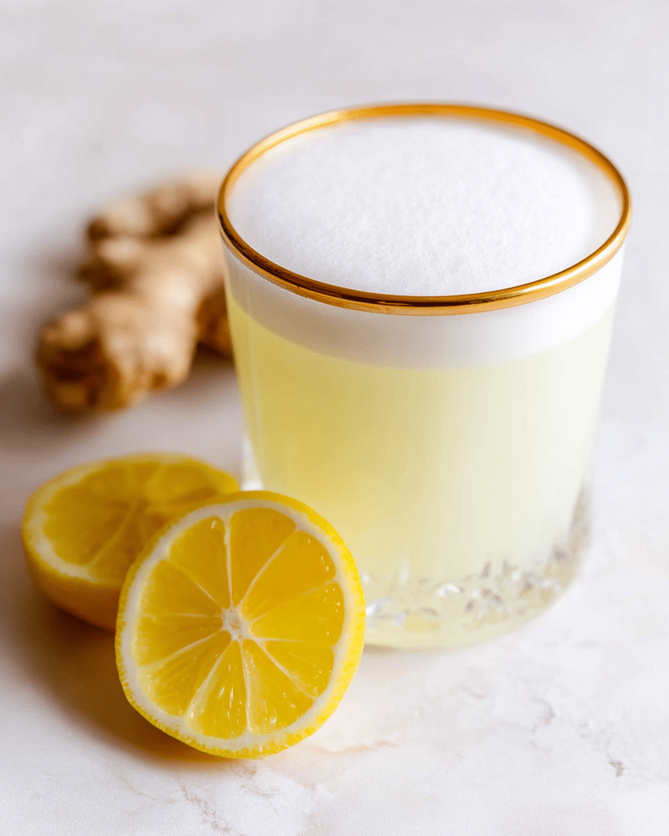 A clear glass with a thin gold rim is filled with a pale yellow drink topped with a thick layer of white froth. Behind the glass, there are two slices of bright yellow lemon with visible segments placed on a white marbled surface, and a piece of light brown ginger root with a knobby texture is in the background. The overall setting is clean and bright. photo taken with an iphone --ar 4:5 --v 7