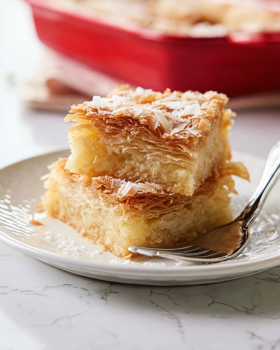 Two square pieces of a light golden-brown layered pastry are stacked on a white plate, showing many thin, flaky layers inside. The top piece is placed slightly off-center on the larger bottom piece, both with a slightly crispy, flaky texture on top and soft, moist layers inside. A shiny silver fork rests on the plate to the right of the pastry. The plate sits on a white marbled textured surface with a soft focus red dish in the background. Photo taken with an iphone --ar 4:5 --v 7
