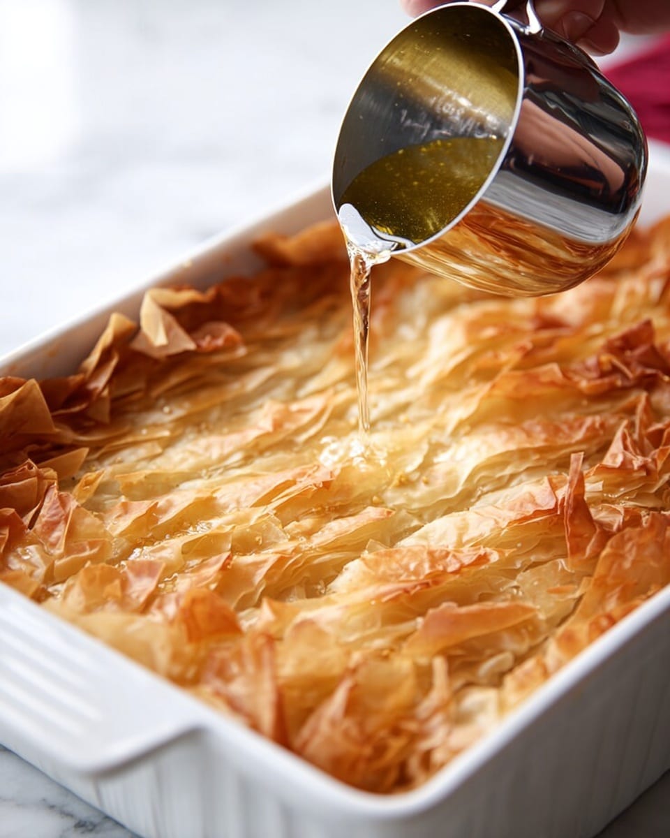 A close-up shot shows a white baking dish filled with many thin, crispy golden-brown layers of phyllo dough that look flaky and slightly uneven. A woman's hand holds a metal measuring cup pouring clear, golden liquid slowly over the top of the layered phyllo. The background is a white marbled surface, bright and clean, adding contrast to the warm tones of the dish. photo taken with an iphone --ar 4:5 --v 7