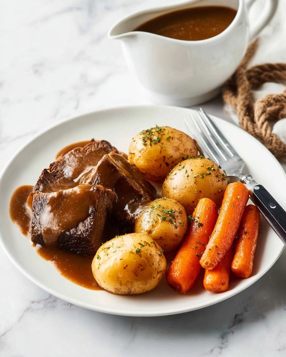 The image shows a white round plate with three main layers of food on a white marbled surface. The first layer is two thick pieces of dark brown meat covered in a glossy brown gravy, placed on the left side of the plate. The second layer consists of several round golden-brown potatoes, also coated with brown gravy, positioned on the bottom right. The third layer is a group of bright orange cooked carrots with some herb sprinkles, located next to the potatoes on the upper right side. A silver fork with a black handle rests on the right edge of the plate. In the background, there is a white gravy boat filled with brown sauce with some rope decoration nearby. Photo taken with an iphone --ar 4:5 --v 7
