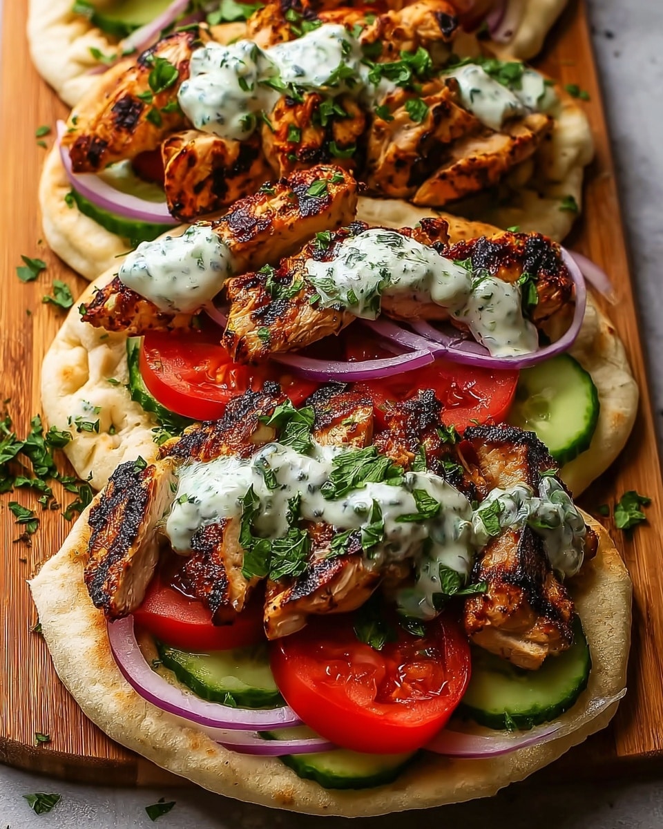 The image shows two pita bread sandwiches placed on a white marbled surface. Each pita is layered with green chopped lettuce at the base, followed by thick slices of cucumber and red tomato. On top of the vegetables, there are rings of purple onion. The main filling is grilled chicken pieces with charred grill marks, arranged in a pile. The chicken is topped with a drizzle of white sauce with green herbs. The sandwiches are close together with fresh green herbs sprinkled over the chicken, giving a fresh and colorful look. Photo taken with an iphone --ar 4:5 --v 7
