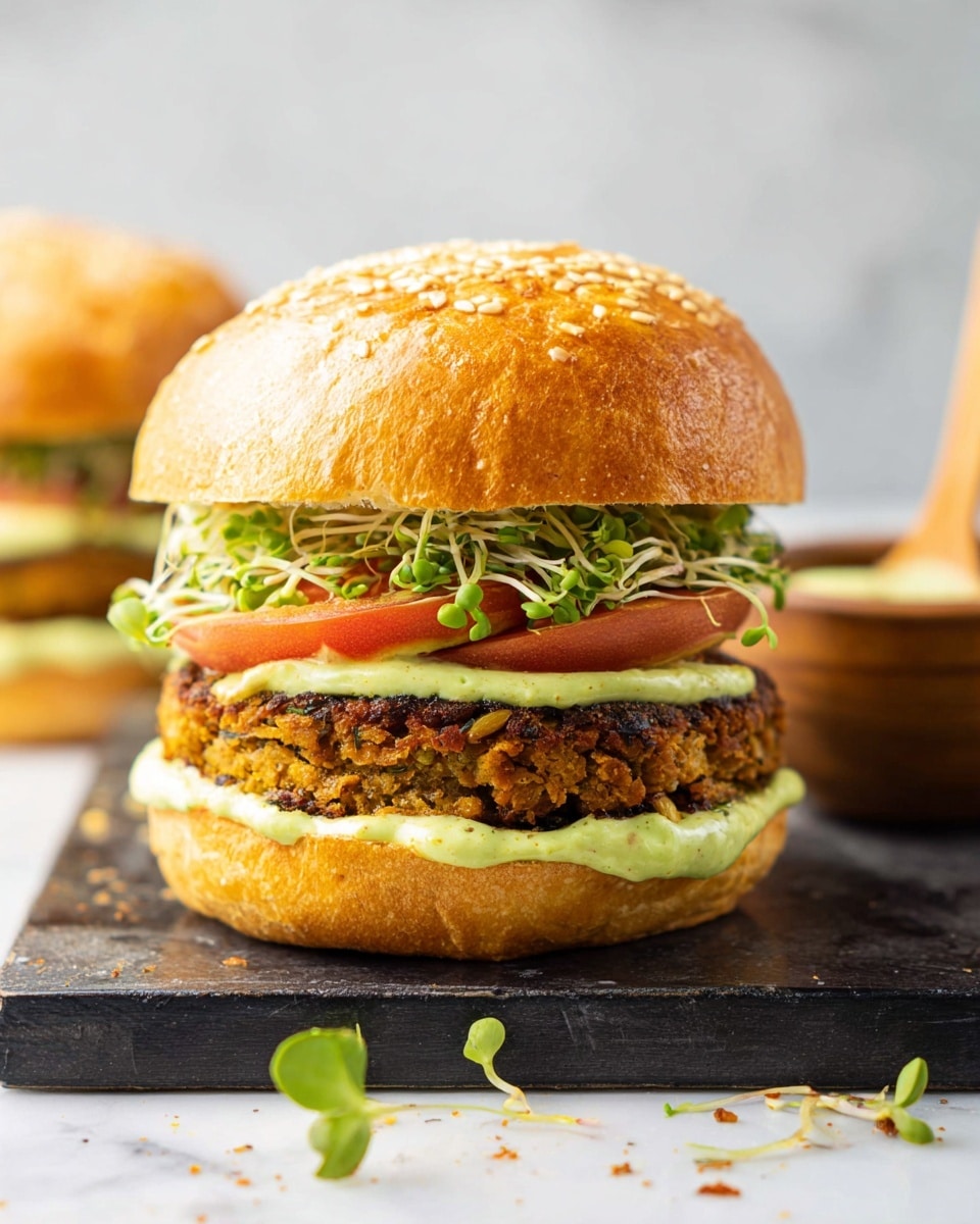 A close-up image of a sesame seed-topped golden brown burger bun held by a woman's hand, with three visible layers inside: the bottom layer is a light green creamy sauce spread on the soft bun, followed by a textured, browned veggie patty with small bits of vegetables visible; above the patty is a bright red tomato slice, fresh green sprouts, and a drizzle of the same light green creamy sauce. The burger rests on a dark gray slate board with a white marbled background. photo taken with an iphone --ar 4:5 --v 7