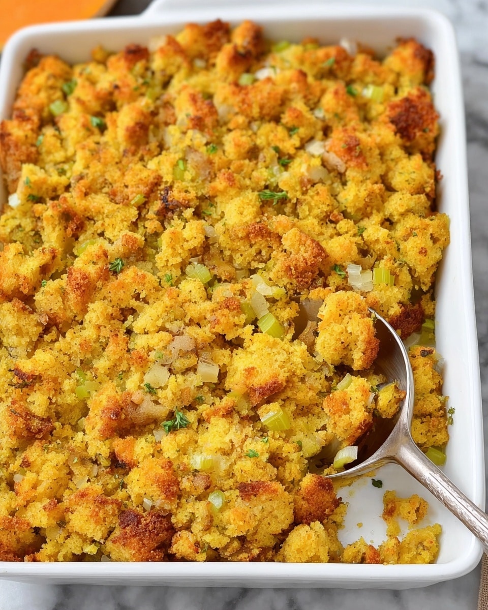 A close-up view of a white rectangular baking dish filled with a golden-brown cornbread stuffing. The surface layer is crumbly and uneven, showing pieces of crispy browned bread mixed with softer chunks, with visible bits of celery and herbs scattered through the mixture. The stuffing looks moist inside with a slightly crunchy, toasted top. A silver serving spoon is partially submerged on the right side of the dish. The dish is placed on a white marbled texture surface. photo taken with an iphone --ar 4:5 --v 7