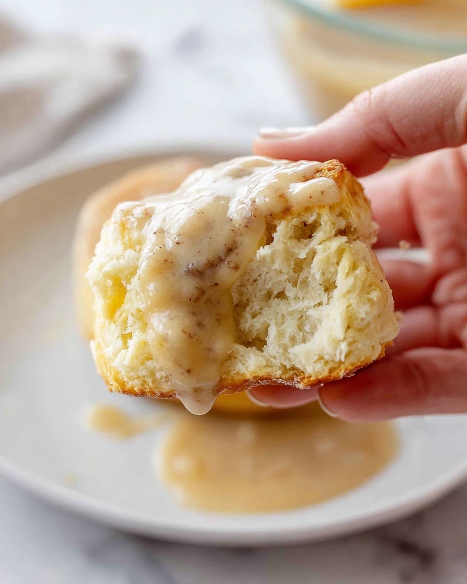 A close-up of a woman's hand holding a soft biscuit pulled apart to show its flaky, light beige inside, covered with a thick, creamy sausage gravy that has small bits and a light tan color, dripping slightly onto a white plate below. The background features a white marbled texture with a blurred glass bowl containing more gravy. Photo taken with an iphone --ar 4:5 --v 7