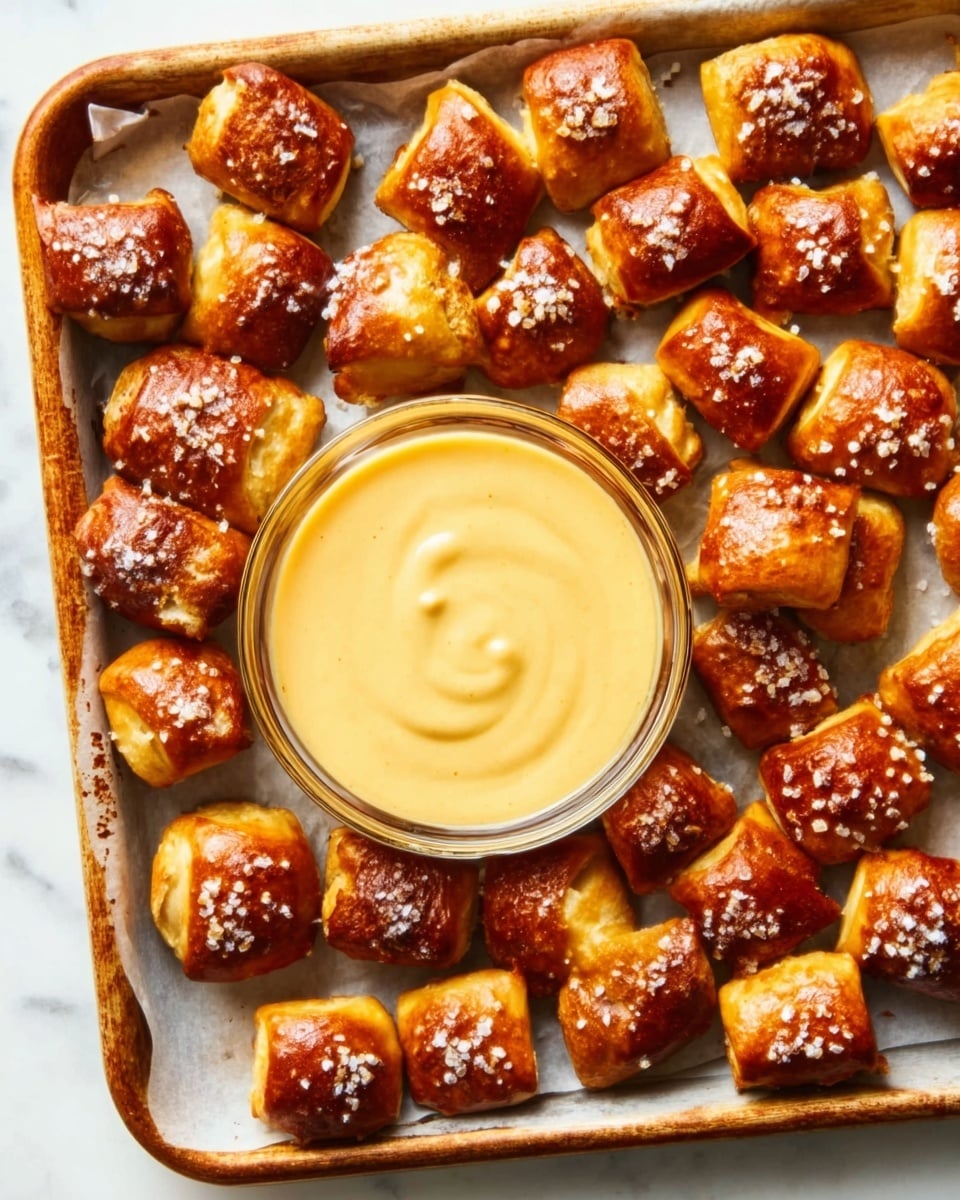 A baking tray filled with many small square pretzel bites, each golden brown with a slightly shiny surface and sprinkled with coarse salt on top. In the center, there is a round white bowl holding creamy yellow cheese dip, with one pretzel bite partially dipped in it. The background is a white marbled texture, and a mustard yellow cloth is partially visible on the left edge. Photo taken with an iphone --ar 4:5 --v 7