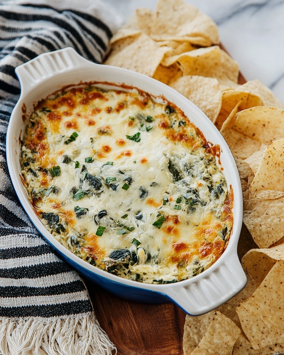 A white oval ceramic dish with a blue handle holds a freshly baked spinach and cheese dip. The top layer is golden brown and bubbly melted cheese with patches of green spinach leaves and small pieces of herbs sprinkled on top. The baked dip has a creamy texture underneath the cheesy surface. Around the dish, there are light beige tortilla chips with a slightly rough texture, resting on a wooden surface. A part of a striped black and white towel and a fringed cloth are visible in the background set on a white marbled texture. Photo taken with an iphone --ar 4:5 --v 7
