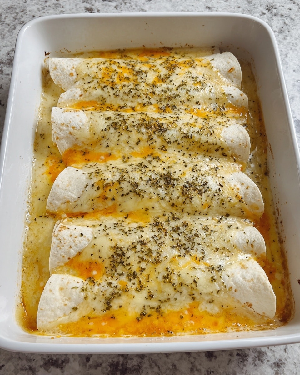 A white baking dish holds three large rolled tortillas covered with a melted, light yellow cheese layer that has oily, orange edges. Each tortilla is topped with dried green herbs scattered evenly across the surface. The tortillas appear soft and slightly browned in places, resting on a bubbly sauce beneath. The dish sits on a white marbled countertop with light gray subway tile in the background photo taken with an iphone --ar 4:5 --v 7