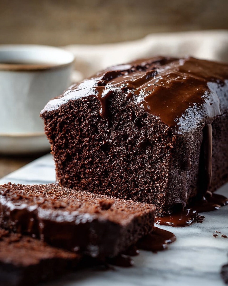 A rich, dark chocolate loaf cake is shown sliced, revealing its moist, dense texture inside. The cake has one thick layer with a glossy, smooth chocolate glaze that drips down the sides and pools slightly around the base on brown parchment paper. In the background, there is a blurred white cup holding more chocolate sauce on a white marbled surface. Photo taken with an iphone --ar 4:5 --v 7