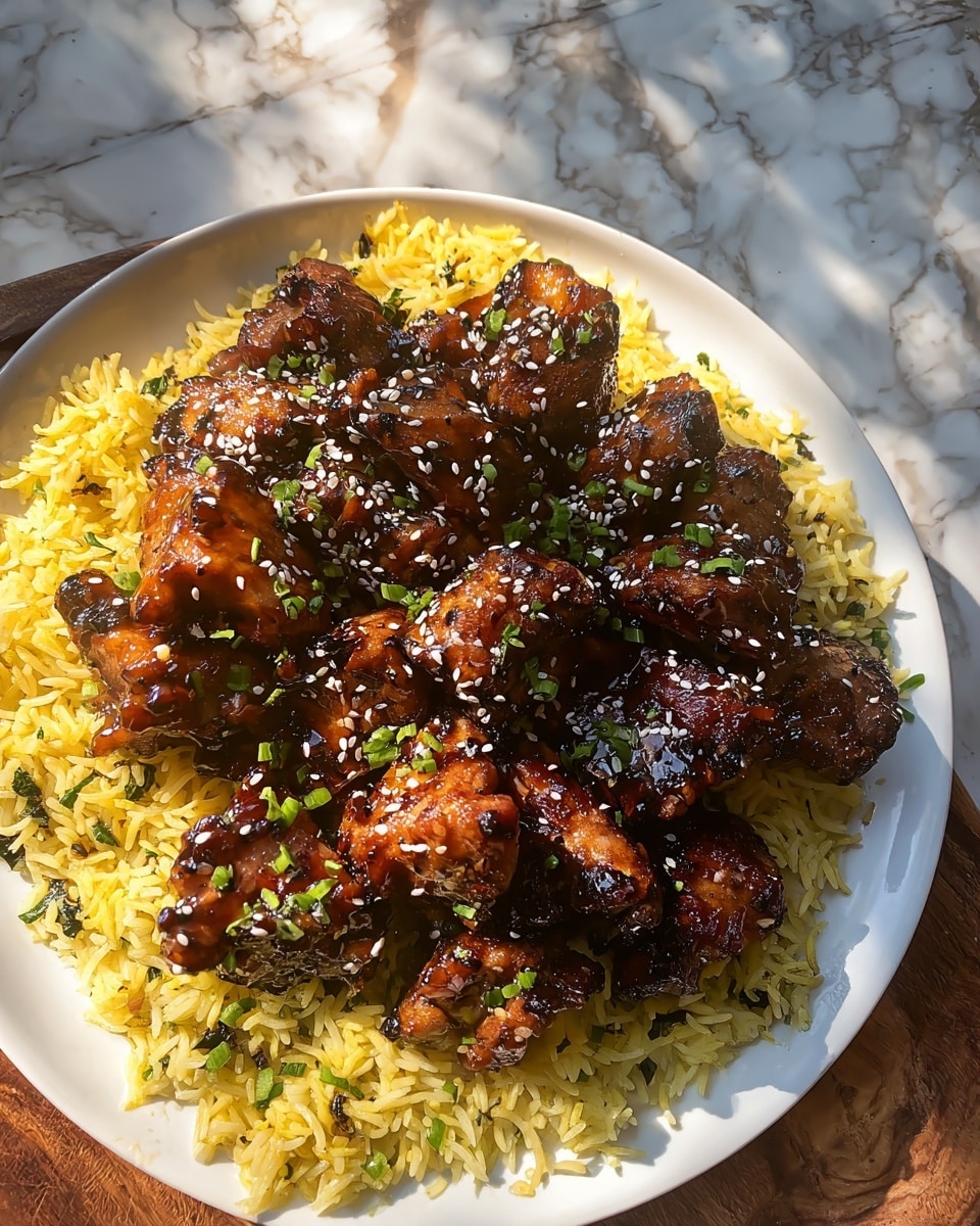 A white plate filled with two main layers; the bottom layer is yellow rice with a fluffy texture, showing some green herbs mixed in, spread evenly across the plate. On top is the second layer, made up of many pieces of glazed, dark brown grilled chicken that looks juicy and tender, each piece sprinkled with white sesame seeds and finely chopped green herbs for decoration. The plate is placed on a wooden surface with a white marbled texture background, and sunlight highlights the shiny, caramelized glaze on the chicken, giving it an appetizing look. Photo taken with an iphone --ar 4:5 --v 7