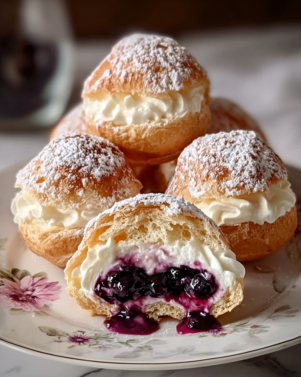 The image shows five cream puffs on a white plate with a delicate flower pattern around the edge, placed on a white marbled surface. Four whole cream puffs have a golden-brown puff pastry shell dusted with powdered sugar. One cream puff is cut in half at the front, revealing three layers: the crisp golden shell on the outside, a thick white creamy layer just inside, and a deep purple-blueberry jam filling at the center with a bit of the purple jam dripping onto the plate. The cream puff cut open shows a soft and smooth texture inside, contrasting with the flaky outer shell. The lighting is soft and warm, highlighting the textures clearly. Photo taken with an iphone --ar 4:5 --v 7