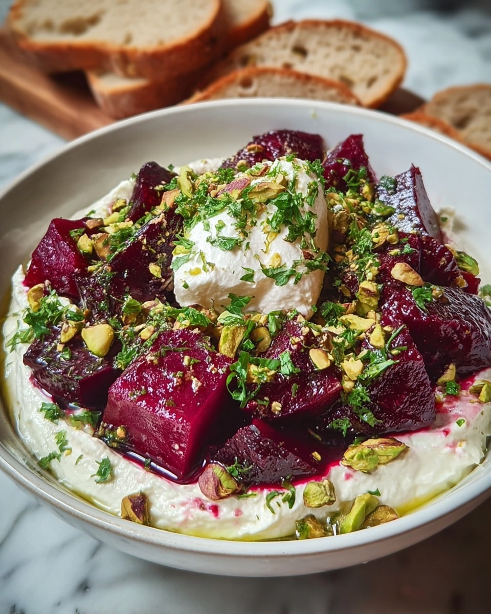 A white bowl holds a creamy white layer of soft cheese spread evenly at the bottom. On top, there is a thick layer of shiny, deep purple and dark red beet chunks, mixed with small green pistachio pieces and sprinkled with finely chopped fresh green herbs. The bowl sits on a white marbled surface with some thick slices of light brown bread in the background. Photo taken with an iphone --ar 4:5 --v 7