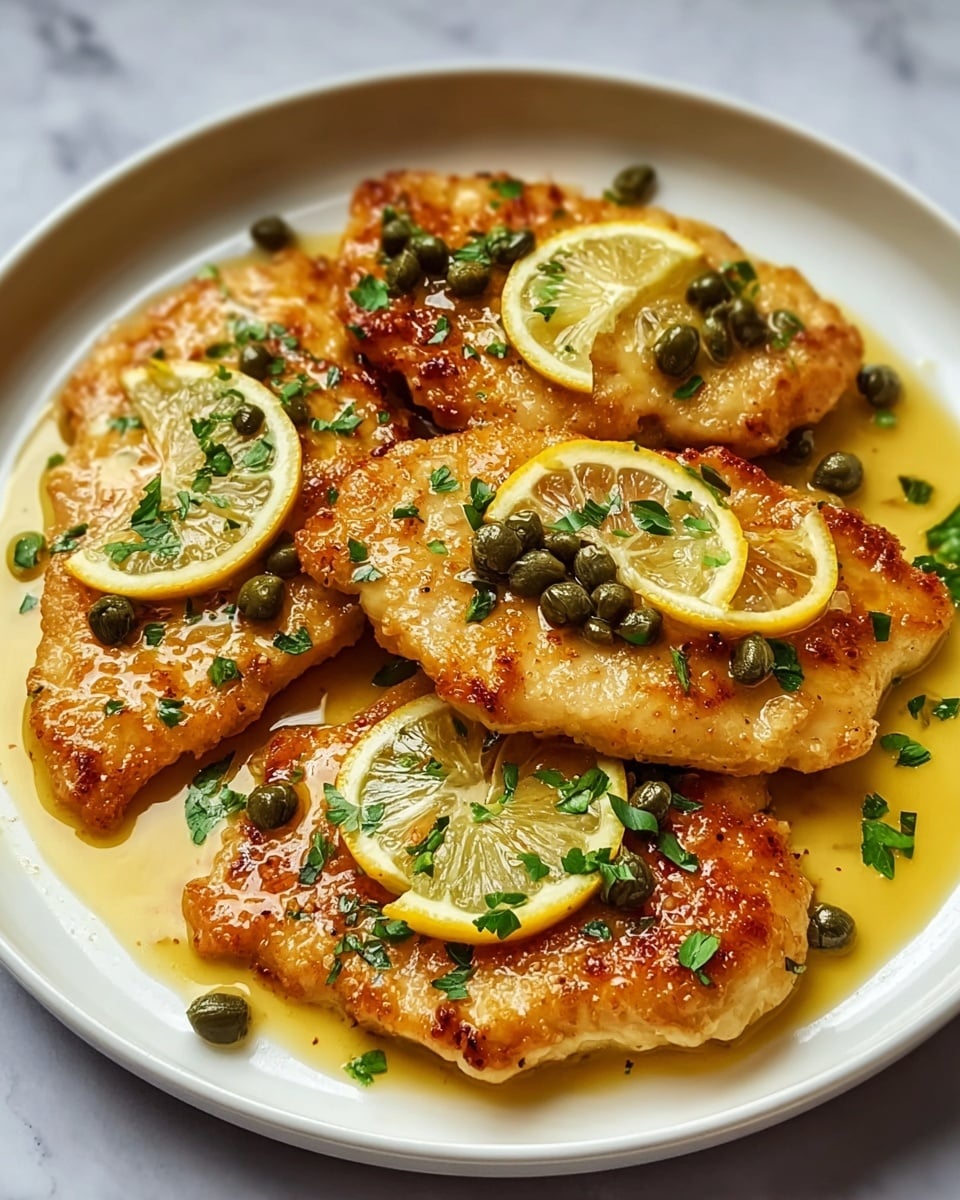 A white plate holds three golden brown chicken cutlets, each with a crispy, slightly charred surface. The cutlets are covered with a shiny, light yellow sauce that pools around the base, with small green capers scattered on top. Each cutlet is garnished with a thin lemon slice and small sprigs of fresh green herbs, adding a fresh contrast to the warm tones of the chicken and sauce. The dish sits on a white marbled surface. photo taken with an iphone --ar 4:5 --v 7