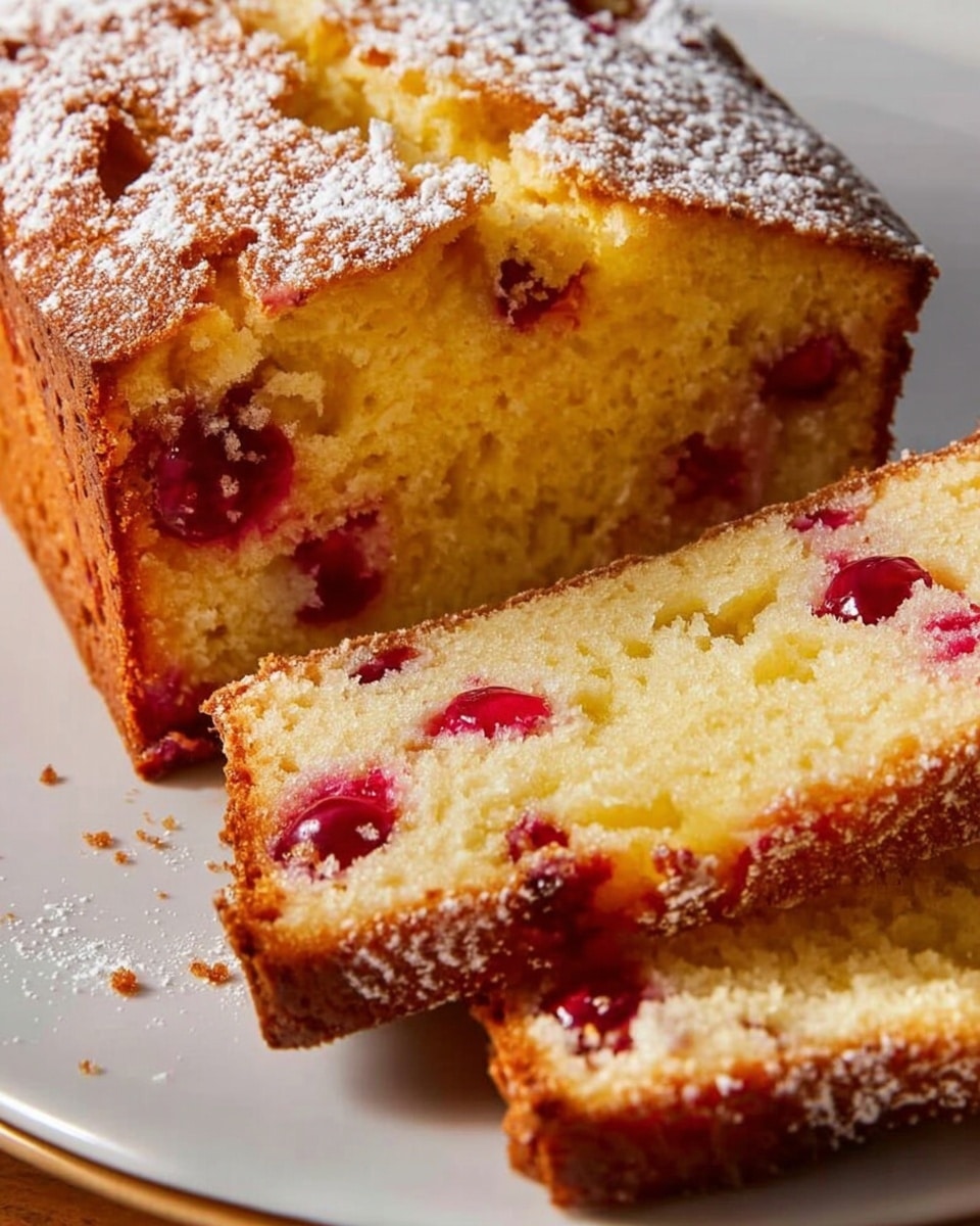 Two slices of golden-brown cranberry bread with a slightly rough texture sit on a white plate. The bread has a soft yellow interior dotted with whole red cranberries, showing through the light crumb. There are a few crumbs on the plate, and a whole cranberry lies beside the slices. In the background, part of the remaining loaf is visible with a shiny, darker golden crust. All this is placed on a white marbled surface. Photo taken with an iphone --ar 4:5 --v 7