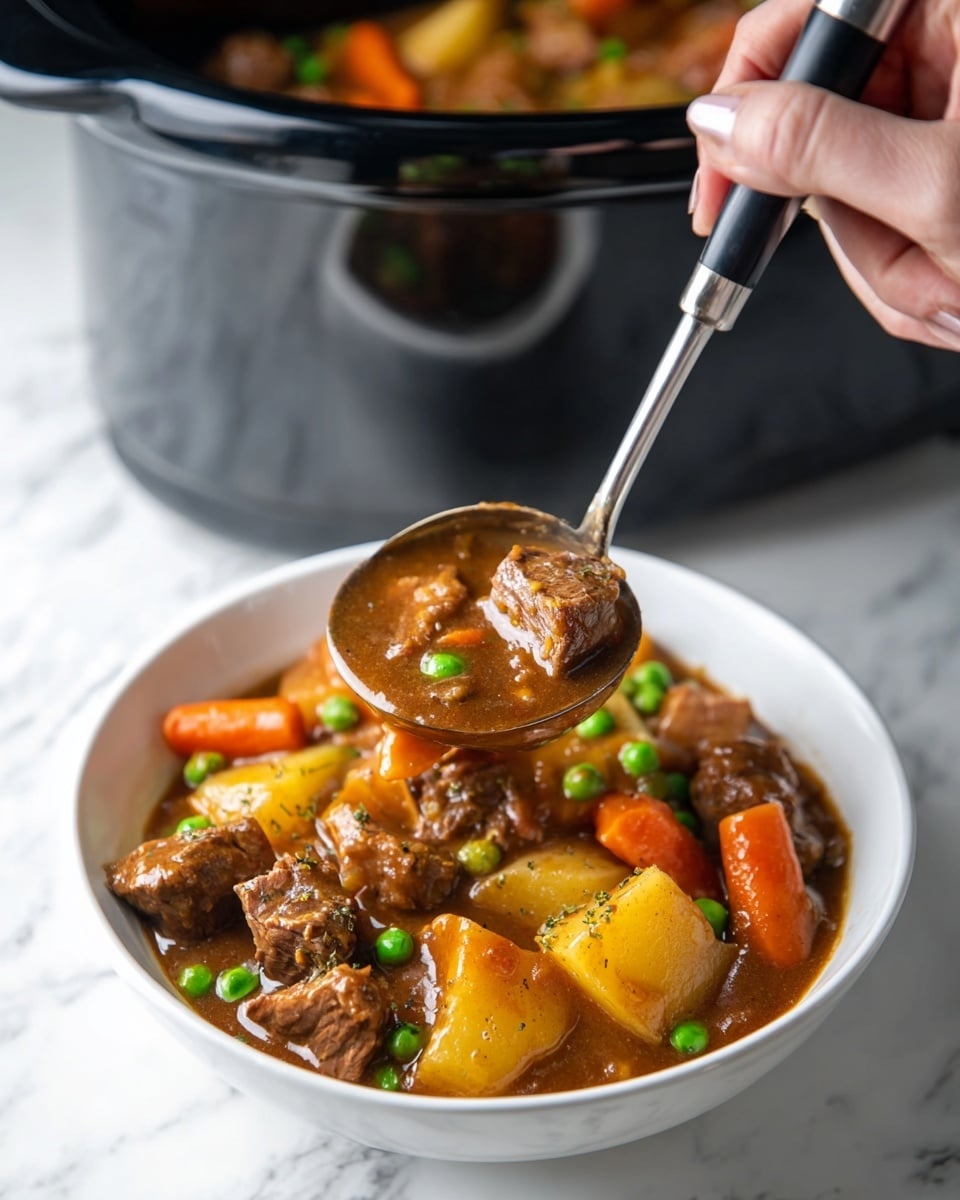A white bowl filled with a thick stew showing three main layers: chunks of brown cooked meat, golden-yellow potato pieces, and bright orange carrot slices mixed with small green peas, all covered in a rich brown gravy. The stew is being ladled from a shiny silver ladle with a black handle held by a woman's hand. In the background, part of a black slow cooker with more stew inside sits on a white marbled surface. photo taken with an iphone --ar 4:5 --v 7