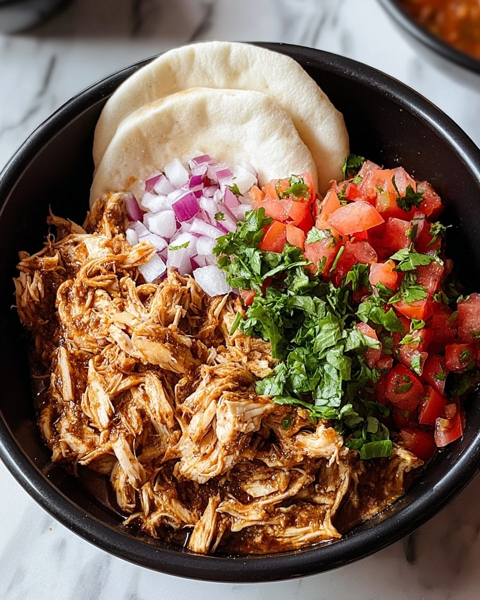 The image shows a black bowl filled with three main layers of food, placed on a white marbled surface. The bottom layer is made of shredded, cooked chicken with a rich, brown sauce, creating a textured and hearty base. On top of the chicken, there is a fresh salsa made of diced red onions, green cilantro, and bright red tomatoes, adding a colorful and juicy contrast. To the side inside the bowl, there are two pieces of soft, white pita bread, slightly folded and leaning against the chicken and salsa. Photo taken with an iphone --ar 4:5 --v 7