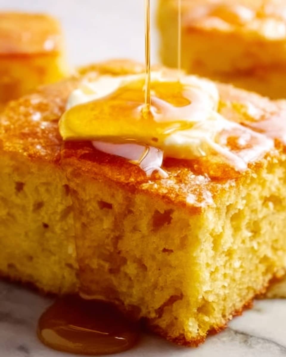 A close-up view of a golden square piece of cornbread with a smooth, shiny melted butter layer on top, glistening as rich amber syrup gently drizzles down its sides. The cornbread has a moist, crumbly texture with visible tiny holes. The background is a white marbled surface, adding a clean and bright contrast. The photo taken with an iphone --ar 4:5 --v 7