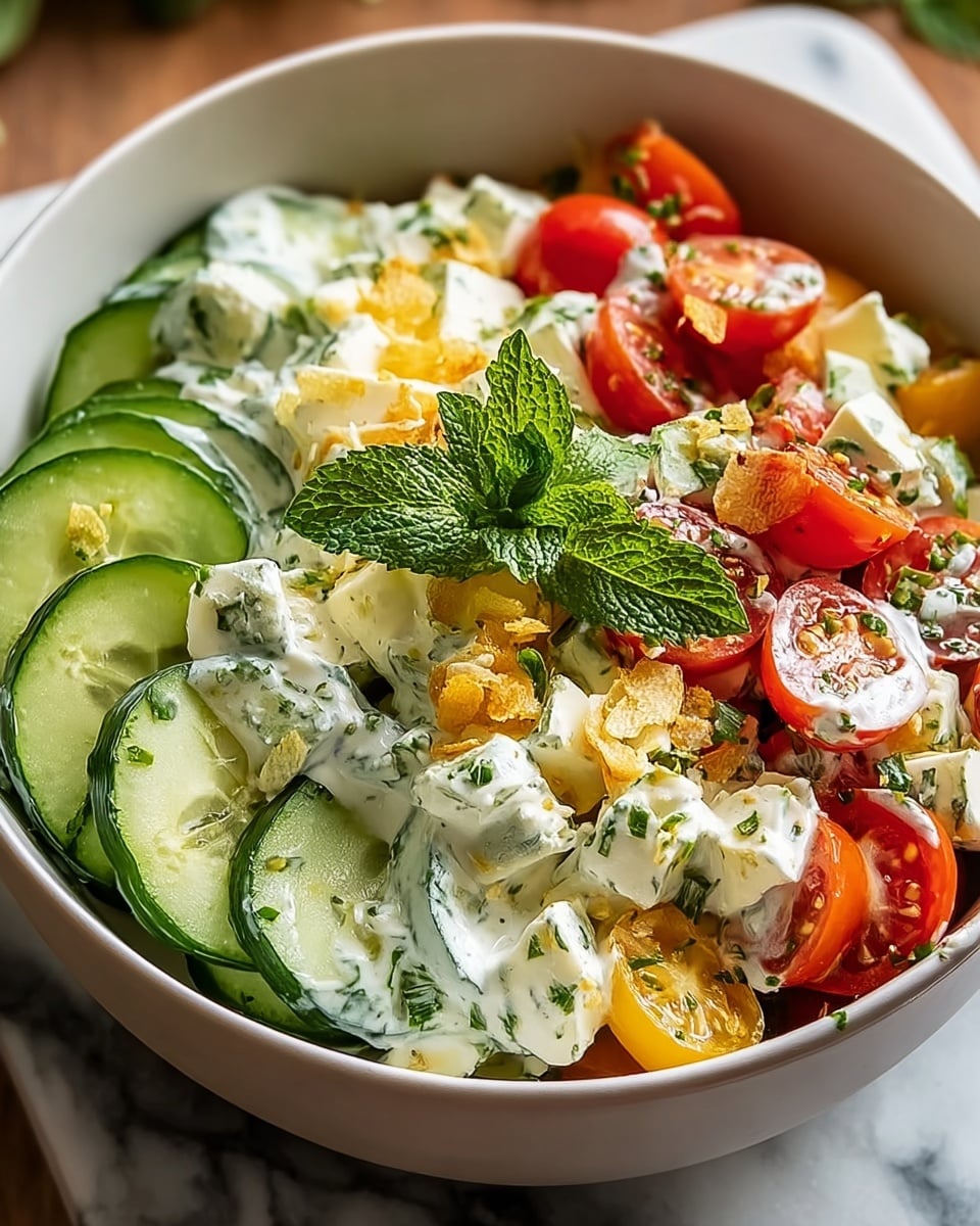 A white bowl filled with a fresh cucumber and cherry tomato salad sits on a wooden surface with a white marbled texture. The bottom layer is thin, green cucumber slices showing some seeds and a moist texture. On top are halved, bright red cherry tomatoes mixed with white chunks of cottage cheese scattered throughout. The salad is generously covered with a creamy white dressing speckled with green herbs and black pepper. Small, light yellow cheese shavings and a few crispy bits add texture, while a sprig of fresh green mint leaves decorates the top center. photo taken with an iphone --ar 4:5 --v 7