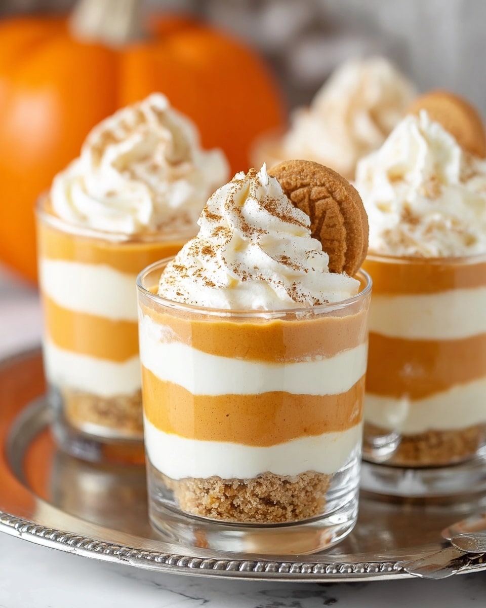 The image shows four clear glass cups filled with a layered dessert placed on a silver tray over a white marbled surface. Each cup has five visible layers starting from the bottom: a crumbly light brown layer, a smooth orange layer, a creamy white layer, another crumbly light brown layer, and a thick orange layer topped with a thick white cream layer. On top of the white cream, there is a swirl of whipped cream sprinkled with light brown powder and a single large round cookie standing upright on one side. In the background, out of focus, there is a small orange pumpkin adding a fall touch. Photo taken with an iphone --ar 4:5 --v 7