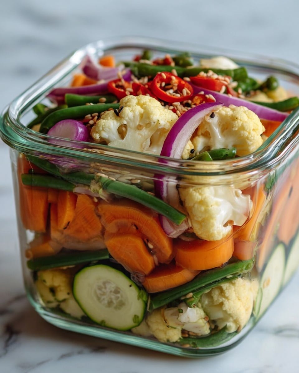 A clear glass square container filled with many layers of colorful vegetables. The bottom layer shows green zucchini slices and orange carrot rounds. Above it, there are light yellow cauliflower florets distributed evenly, mixed with green beans and thin purple onion rings. A few red chili pieces are placed on top, with some sesame seeds scattered on the vegetables. The overall look is fresh and vibrant, with the vegetables tightly packed inside the container. The background is a white marbled surface. photo taken with an iphone --ar 4:5 --v 7