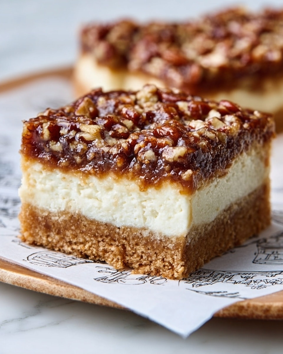 The image shows a close-up of a square dessert bar with three distinct layers. The bottom layer is a light brown, crumbly crust, looking firm and slightly textured. The middle layer is a thick, creamy white filling that appears smooth and dense. The top layer is a rich, dark brown caramel mixed with chopped nuts, giving it a rough, crunchy texture and a shiny, sticky look. The bar is placed on a white plate with a piece of paper underneath that has small drawings on it, all set against a white marbled surface. Photo taken with an iphone --ar 4:5 --v 7
