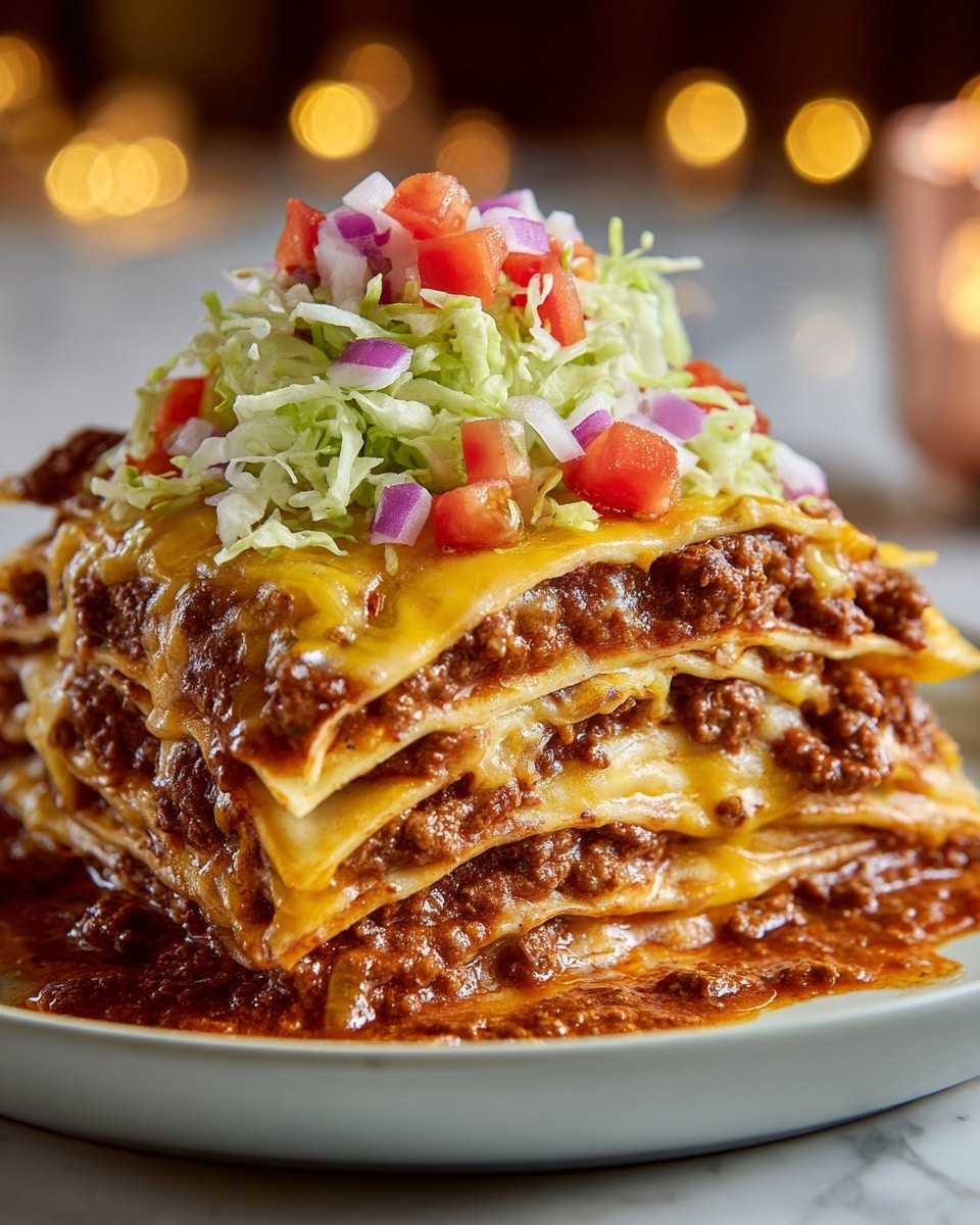 A close-up view of a layered lasagna with four pasta layers, each separated by thick, rich meat sauce colored deep brown with visible chunks of meat. The top layer is covered in melted golden-yellow cheese that looks glossy and slightly textured. On top of the lasagna sits a fresh salad made of pale green shredded lettuce, bright red tomato pieces, and small purple onion bits, adding vibrant color contrast. The lasagna is served on a white plate resting on a white marbled surface, with a warm, softly blurred background of golden light. Photo taken with an iphone --ar 4:5 --v 7