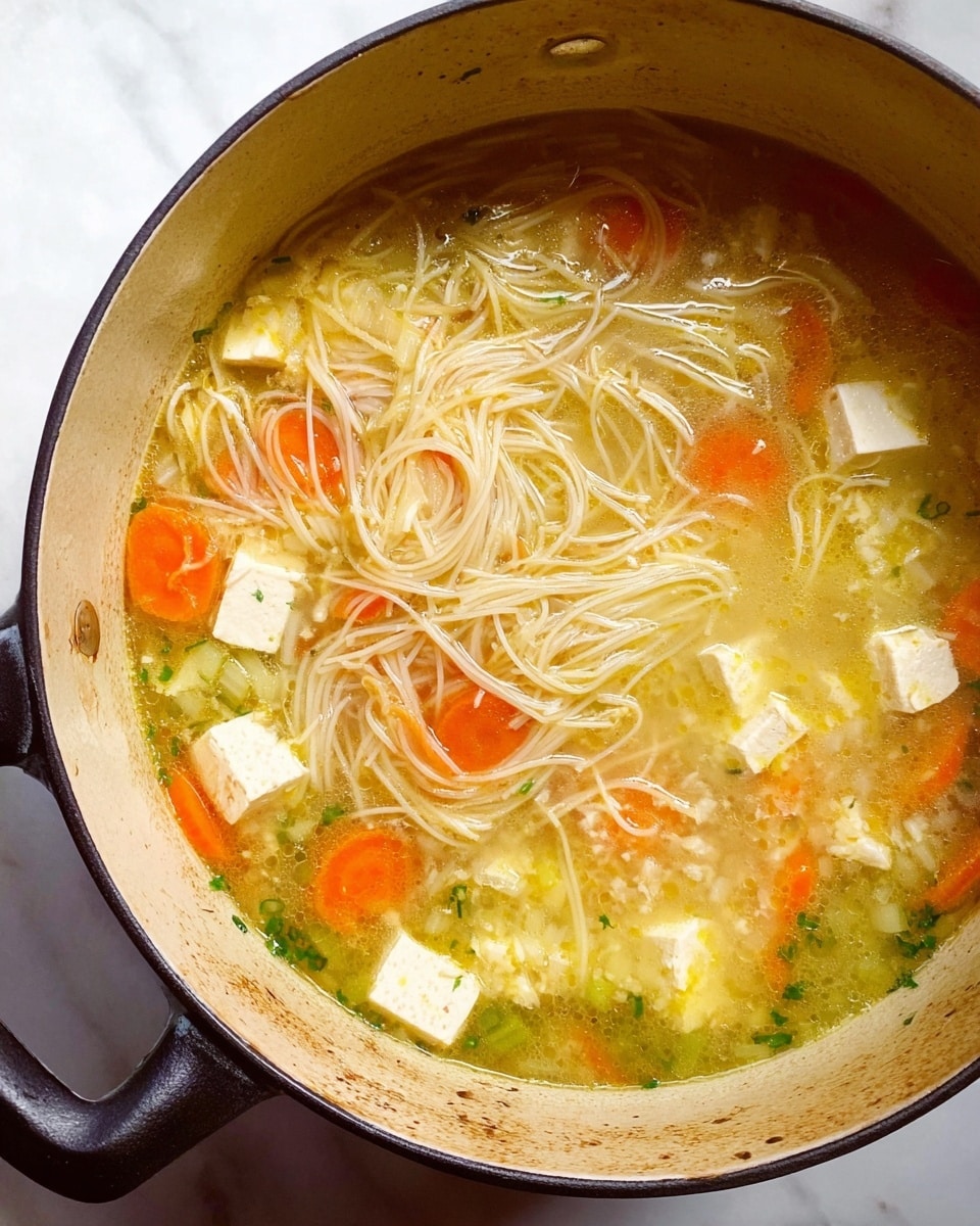 A white bowl contains a clear broth soup with visible thin white noodles settled at the bottom layer. On top of the noodles, there are large, light beige cubes of tofu scattered evenly. Bright orange carrot slices and pale green celery pieces float in the broth, along with small bits of translucent onion. Fresh green parsley leaves are sprinkled on top for color and freshness. A silver spoon rests inside the bowl on the right side. The bowl is placed on a white marbled surface with a white napkin underneath and a white speckled plate partially visible near the top right. Photo taken with an iphone --ar 4:5 --v 7
