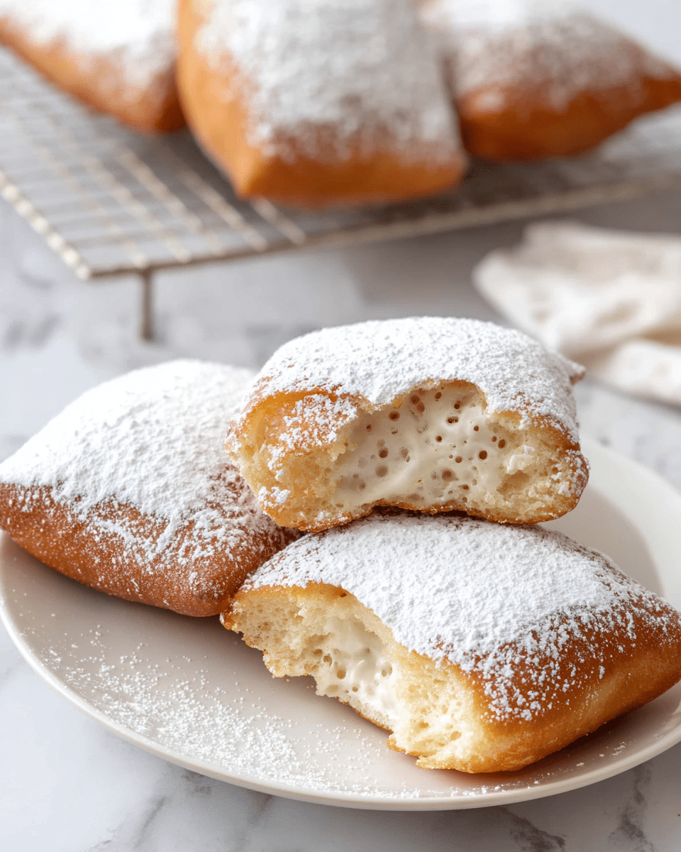 A white plate holds five square-shaped, golden-brown pastries stacked loosely in the center, each covered with a thick layer of white powdered sugar that also spreads across the plate around them. The pastries have a soft, smooth texture with slightly rounded edges, and the powdered sugar creates a light dusting effect, highlighting the warm golden tones beneath. The background is a white marbled surface. Photo taken with an iphone --ar 4:5 --v 7